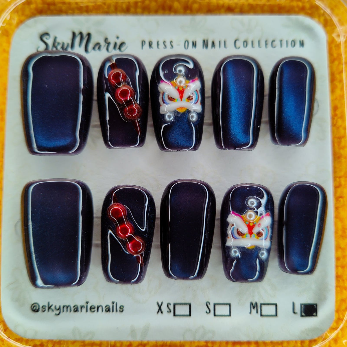 SkyMarie Handmade Large Navy Cat Eye Lion Dance Press-On Nails | Tanghulu