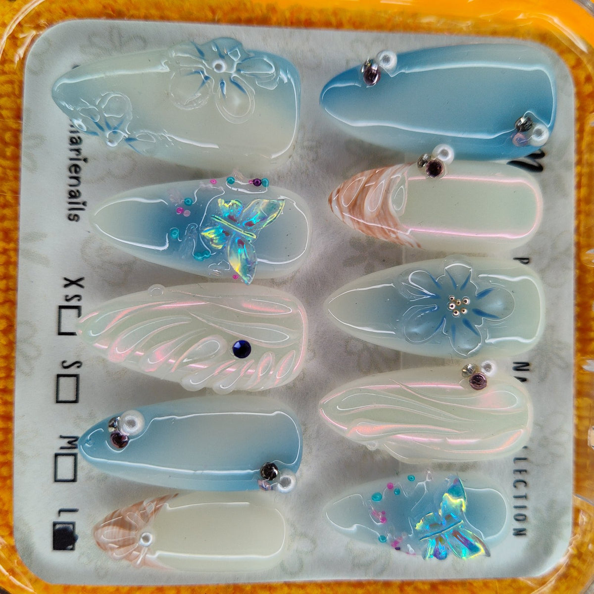 SkyMarie Handmade Large Ocean Mermaid 3D Press-On Nails | Butterflies Pearls