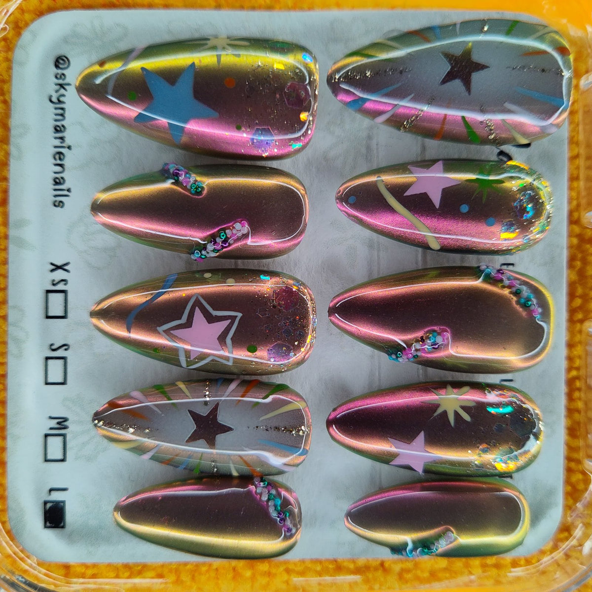 SkyMarie Handmade Large Multichrome Celestial Star Press-On Nails | Rhinestones