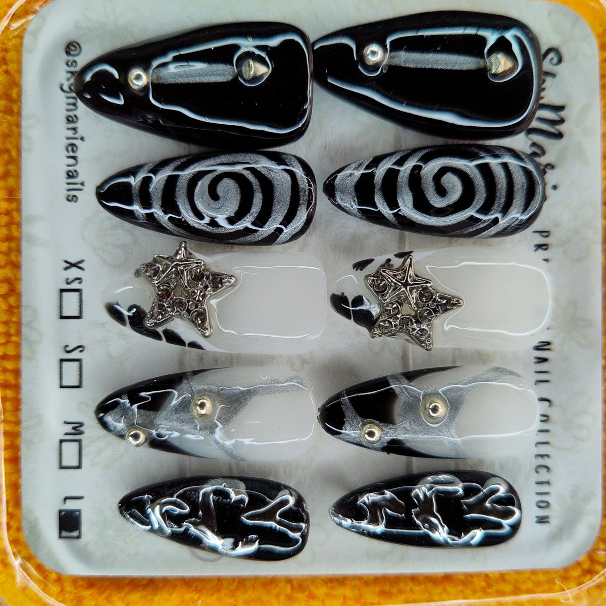 SkyMarie Handmade Large Black White Silver Gothic Press-On Nails | Star Charms