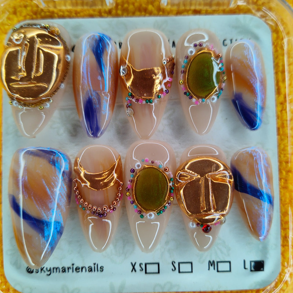 SkyMarie Handmade Large Nude Gold Mask Marble Press-On Nails | Bead Charms