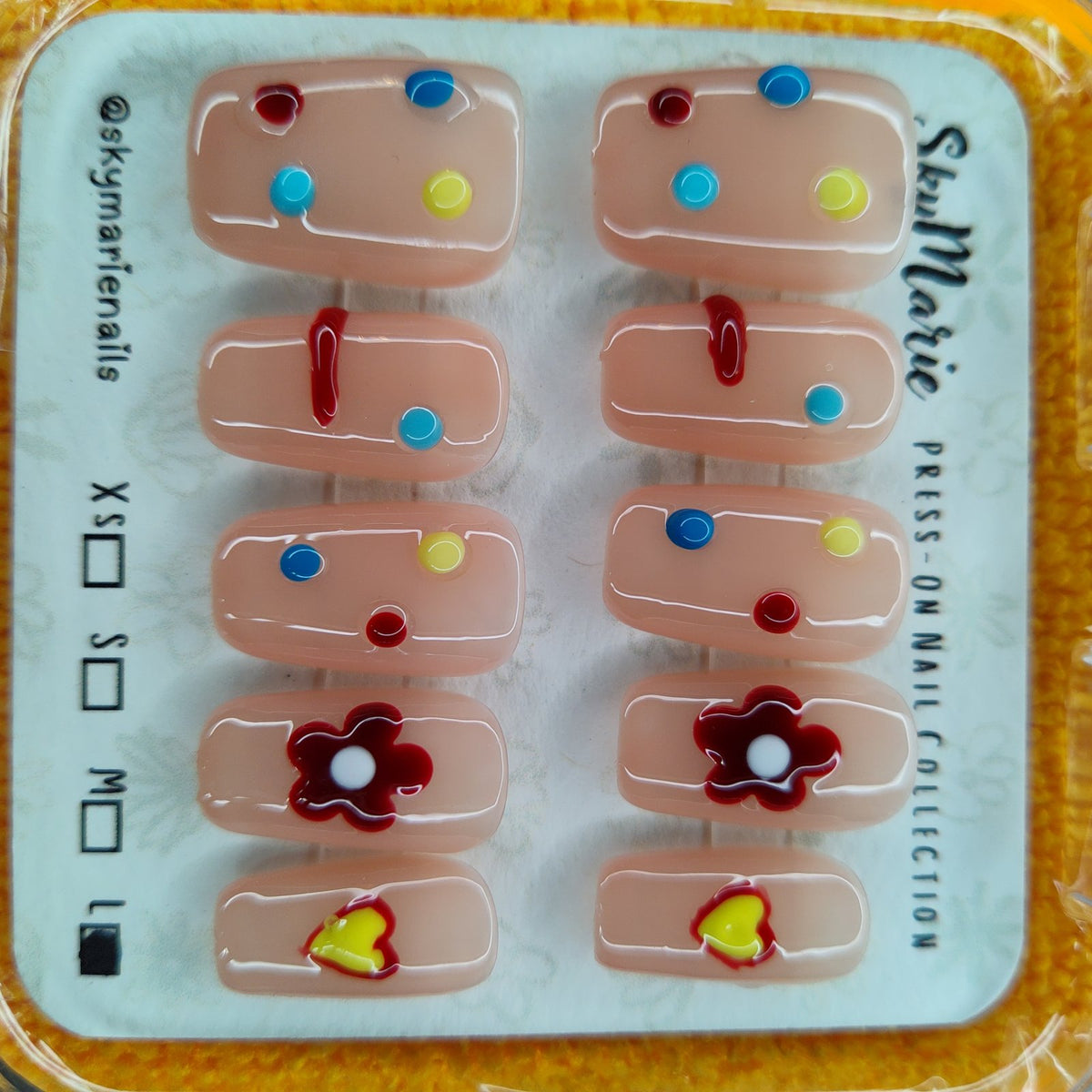 SkyMarie Handmade Large Nude Squoval Retro Dot Flower Heart Press-On Nails