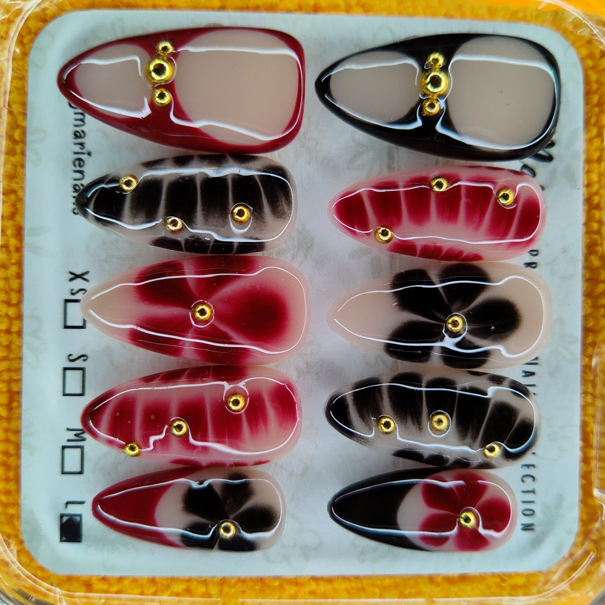 SkyMarie Handmade Large Burgundy Black Gold Flower Press-On Nails | Studs