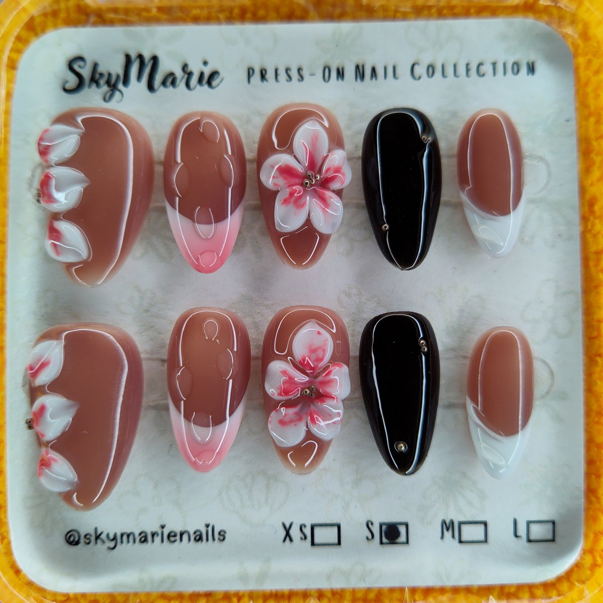 SkyMarie Handmade Small Mauve 3D Flower French Tip Press-On Nails | Black Accent