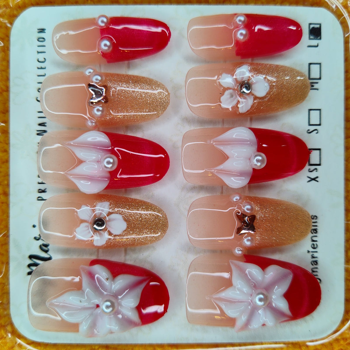 SkyMarie Handmade Large Red & Gold 3D Flower Bow Press-On Nails | Pearls