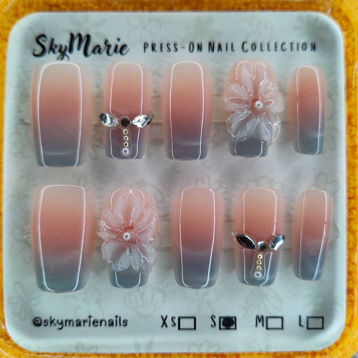 SkyMarie Handmade Small Matte Ombre Press-On Nails | 3D Flower Rhinestones