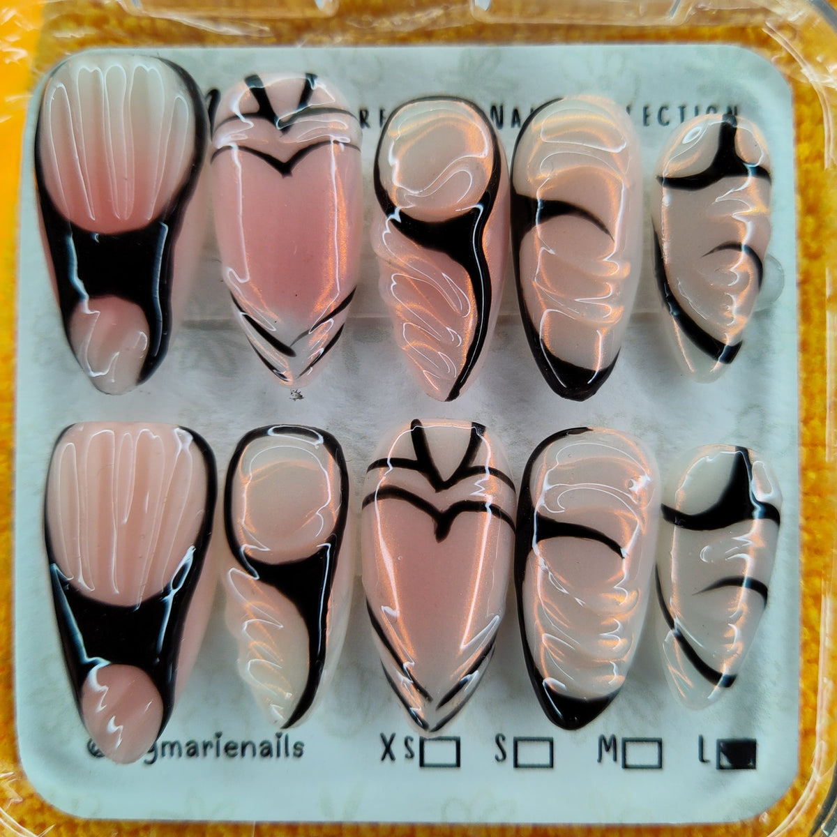 SkyMarie Handmade Large Nude Iridescent 3D Black Line Press-On Nails
