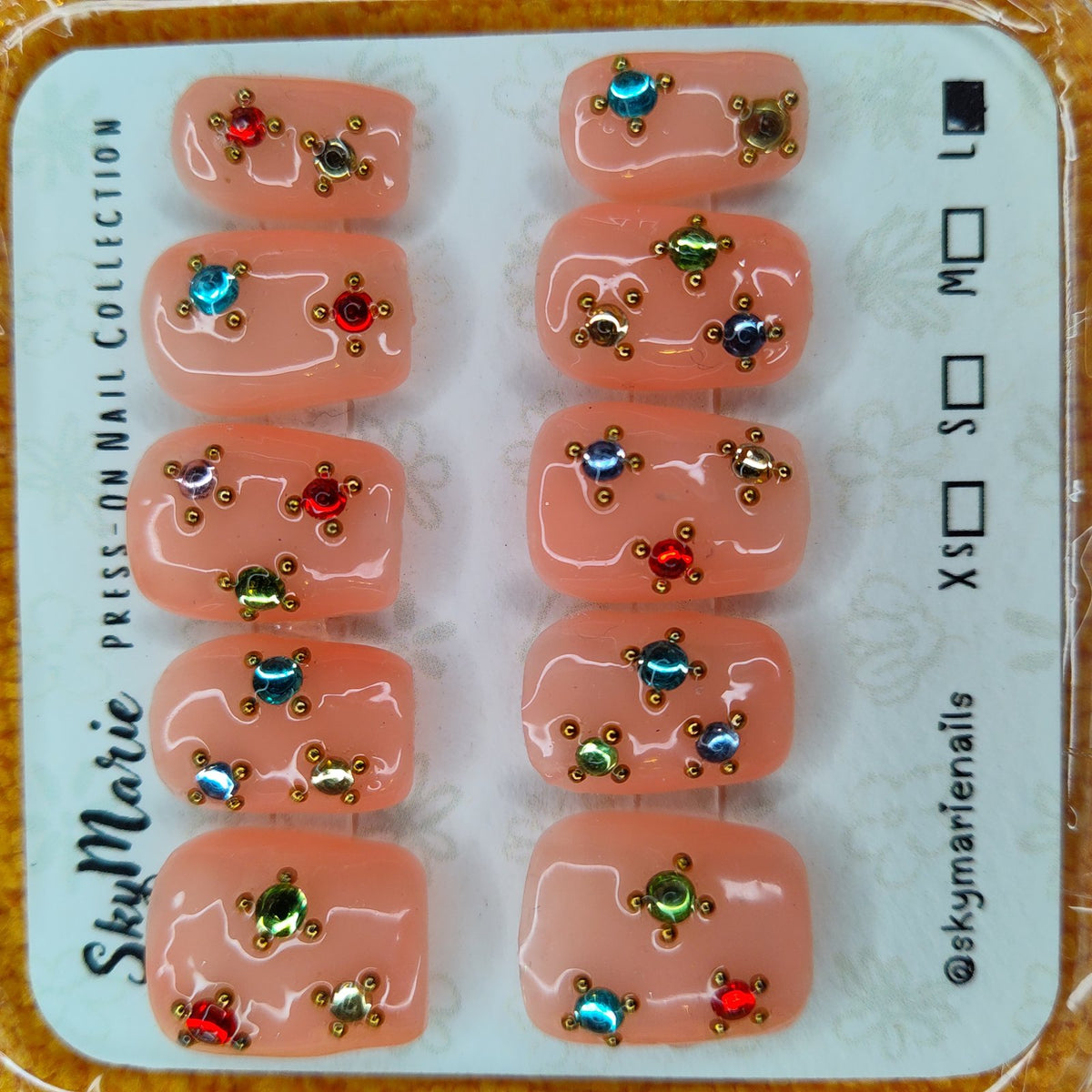 SkyMarie Handmade Large Peach Squoval Press-On Nails with Multicolor Rhinestones