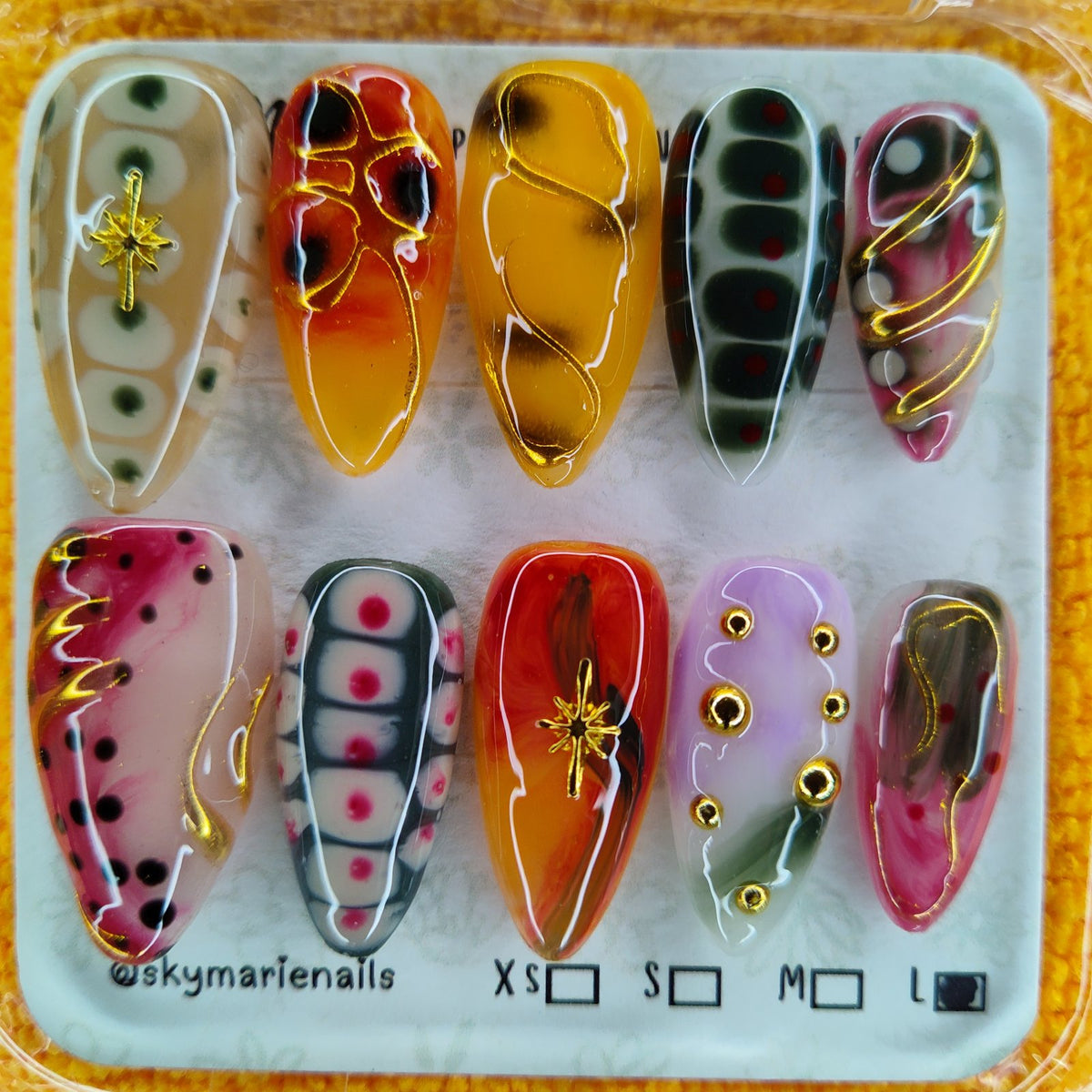 SkyMarie Handmade Large Abstract Marble Gold Dot Press-On Nails | Star Charms