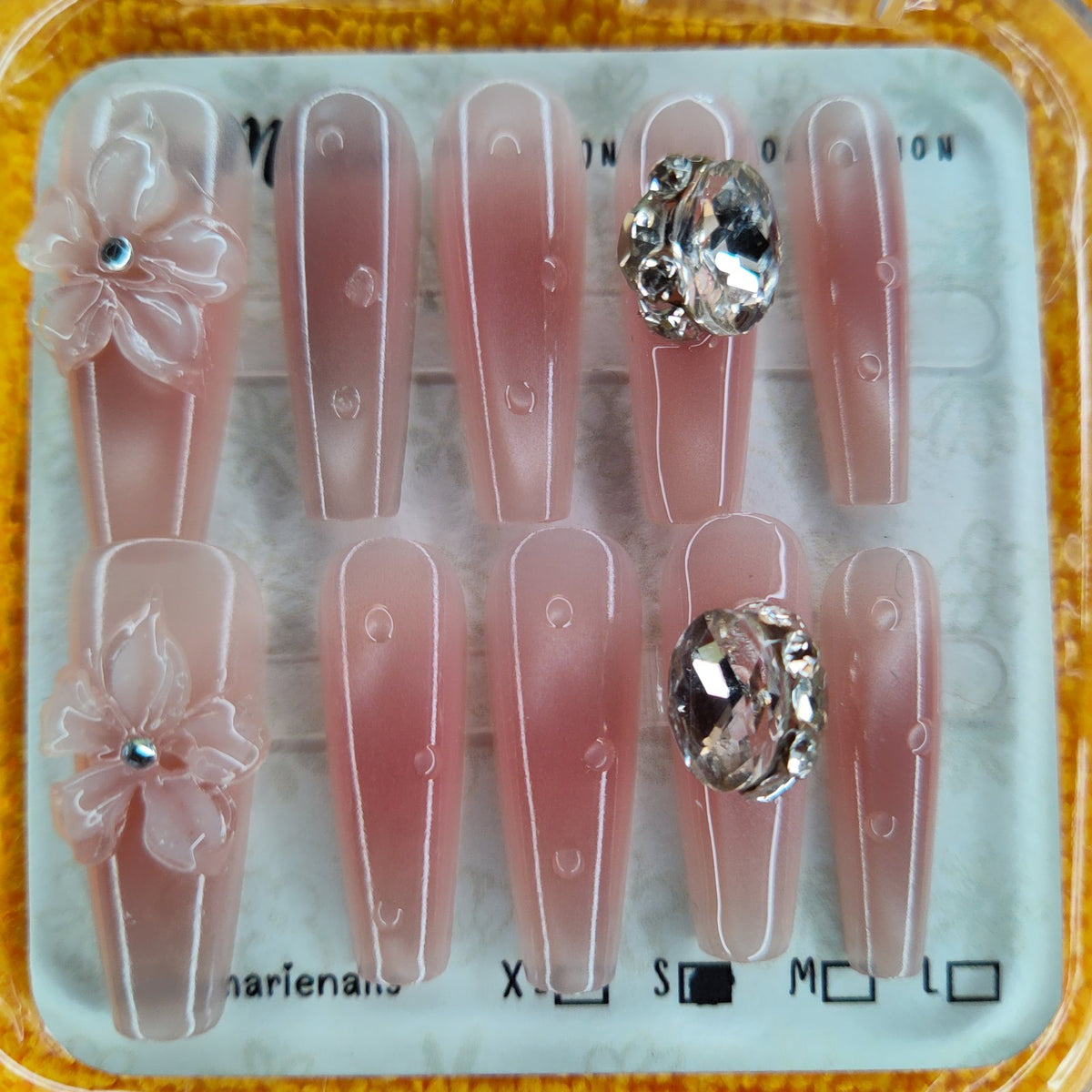 SkyMarie Handmade Small Nude Cat Eye 3D Flower Crystal Press-On Nails