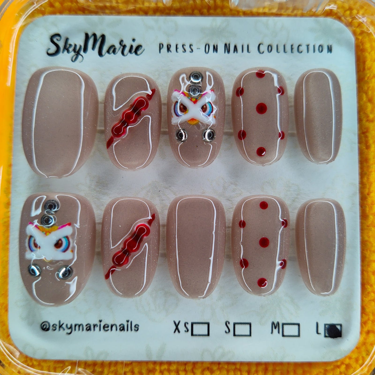 SkyMarie Handmade Large Taupe Short Oval Press-On Nails with Cute Character Art