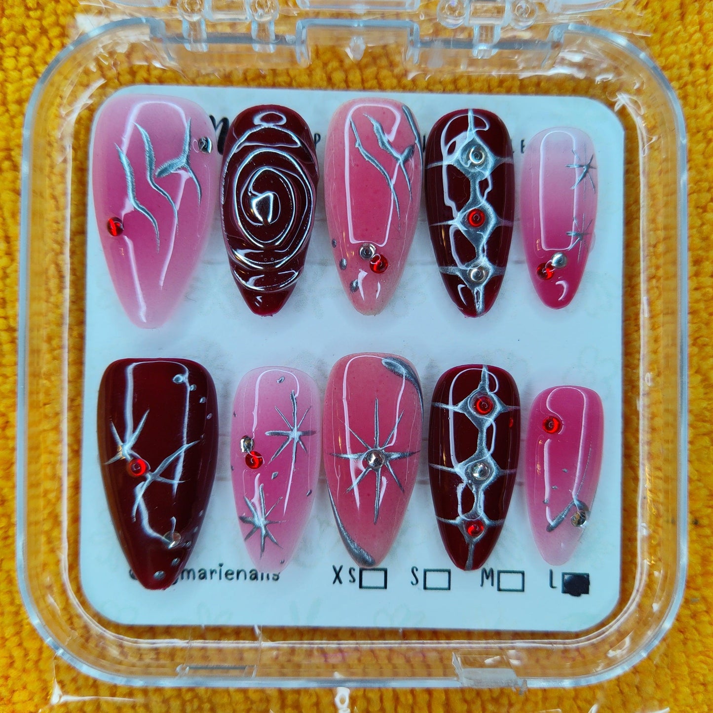 Y2K Cyberpunk red & pink stiletto press-on nails, size L, with silver line art & red rhinestones.